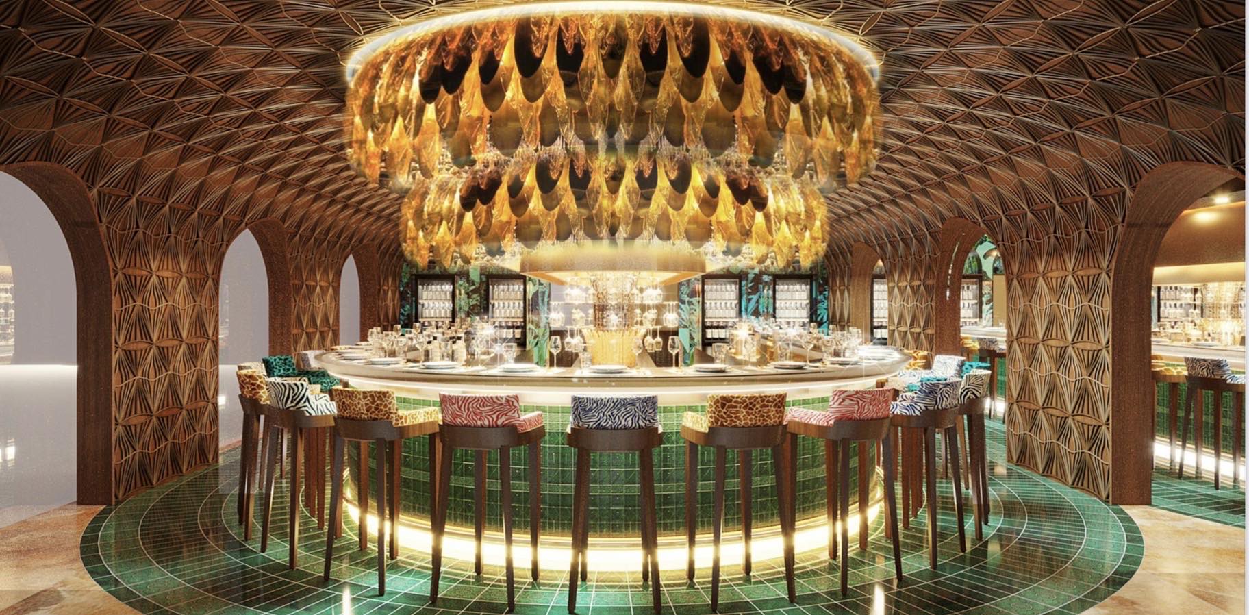 Anaconda's chic U-shaped bar surrounded by elegant decor in Bangkok.