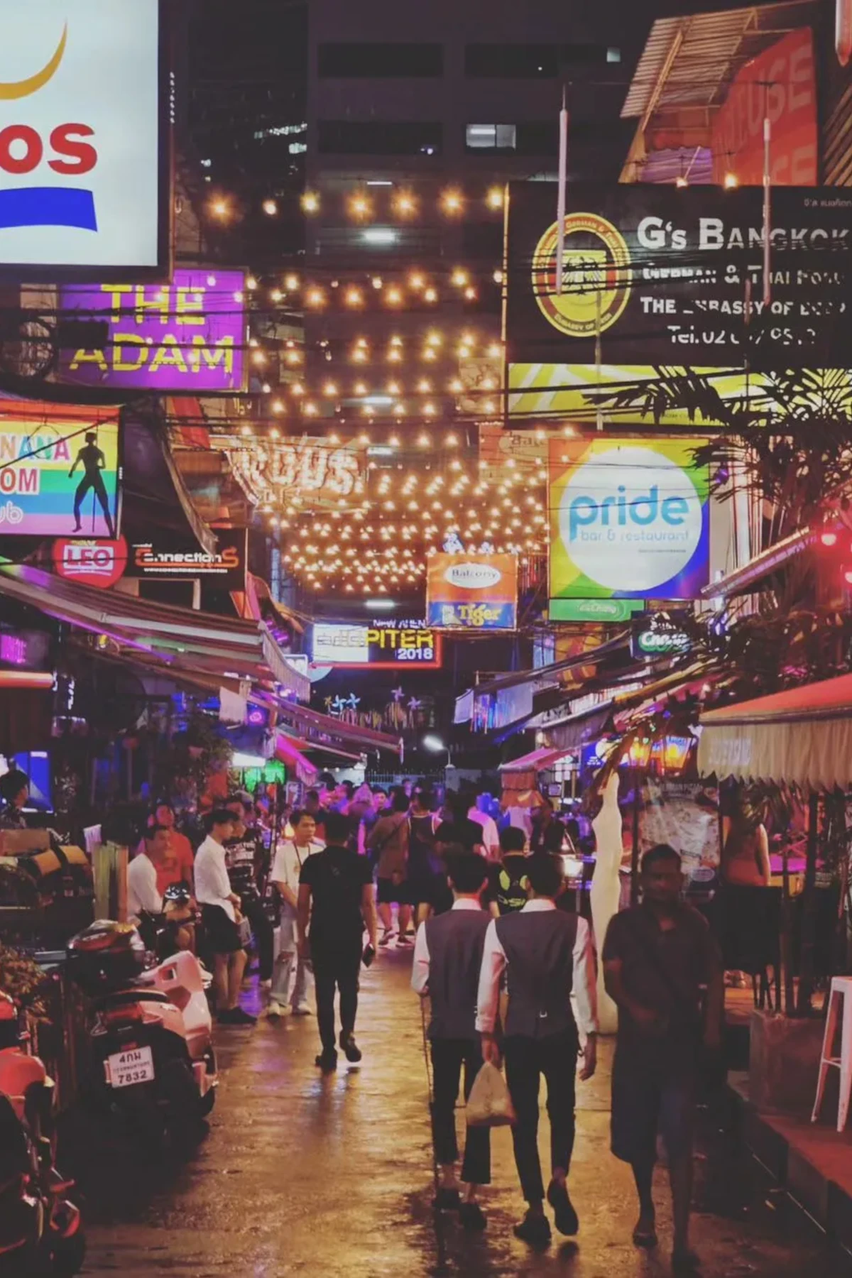 Vibrant nightlife in a party street on Silom in Bangkok.