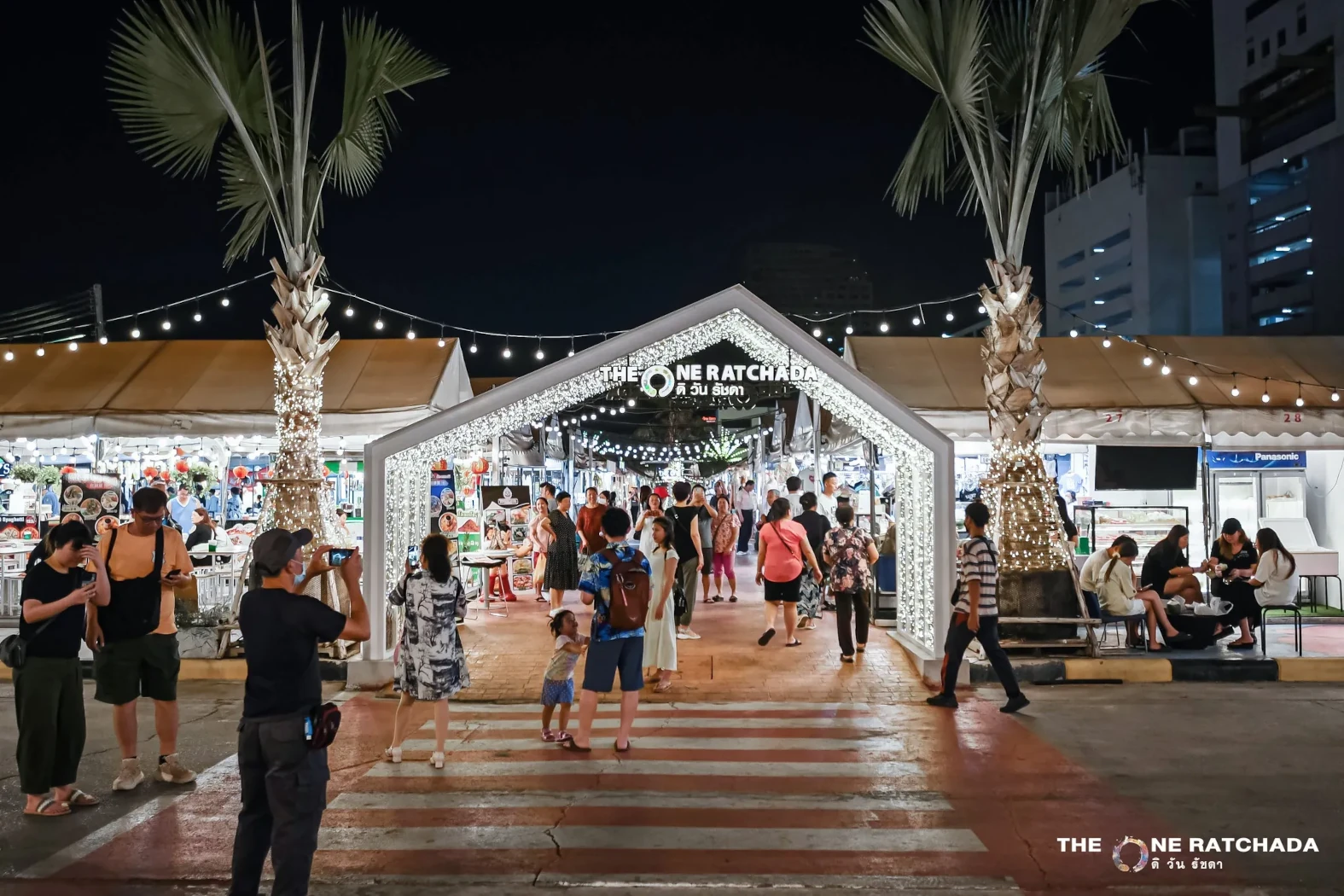 The vibrant entrance of The One Ratchada Night Market in Bangkok.