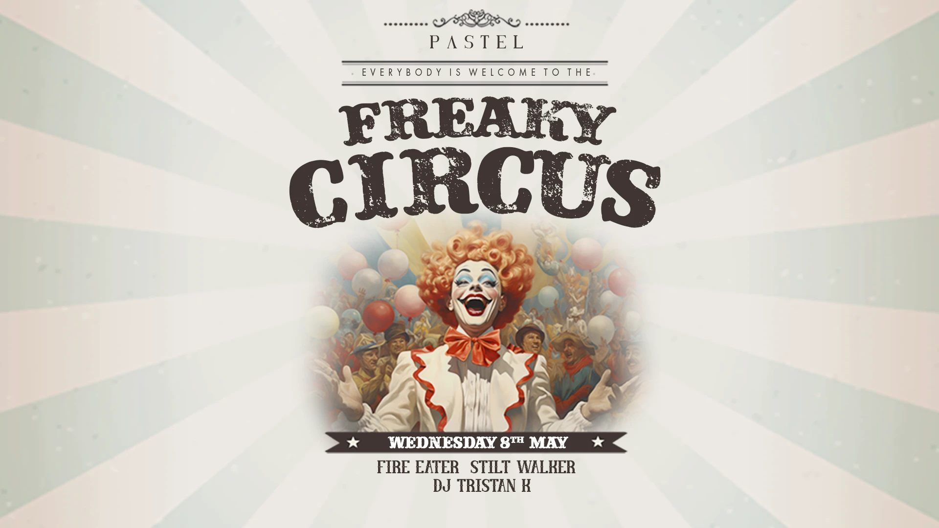Promo banner for Freaky Circus party on 8th May 2024 at Pastel Bangkok rooftop bar in Sukhumvit Soi 11