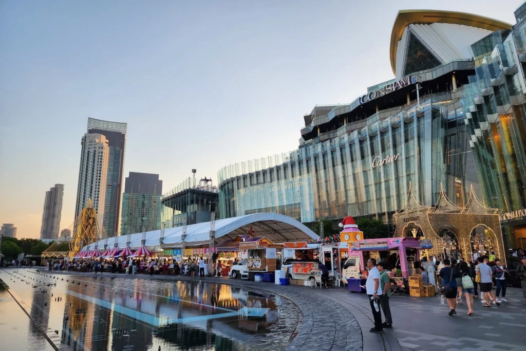 exterior of IconSiam mall in Bangkok near the Chao Phraya river during Christmas