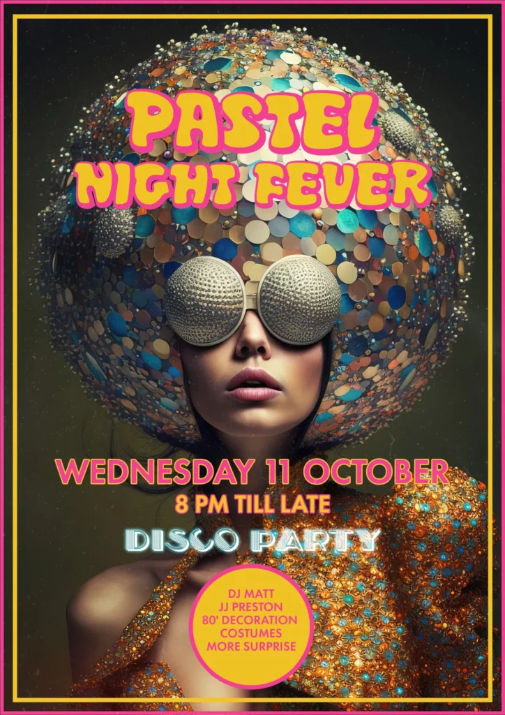 promo banner for the Disco party Pastel Night Fever at Pastel Bangkok rooftop bar and restaurant on October 11 2023