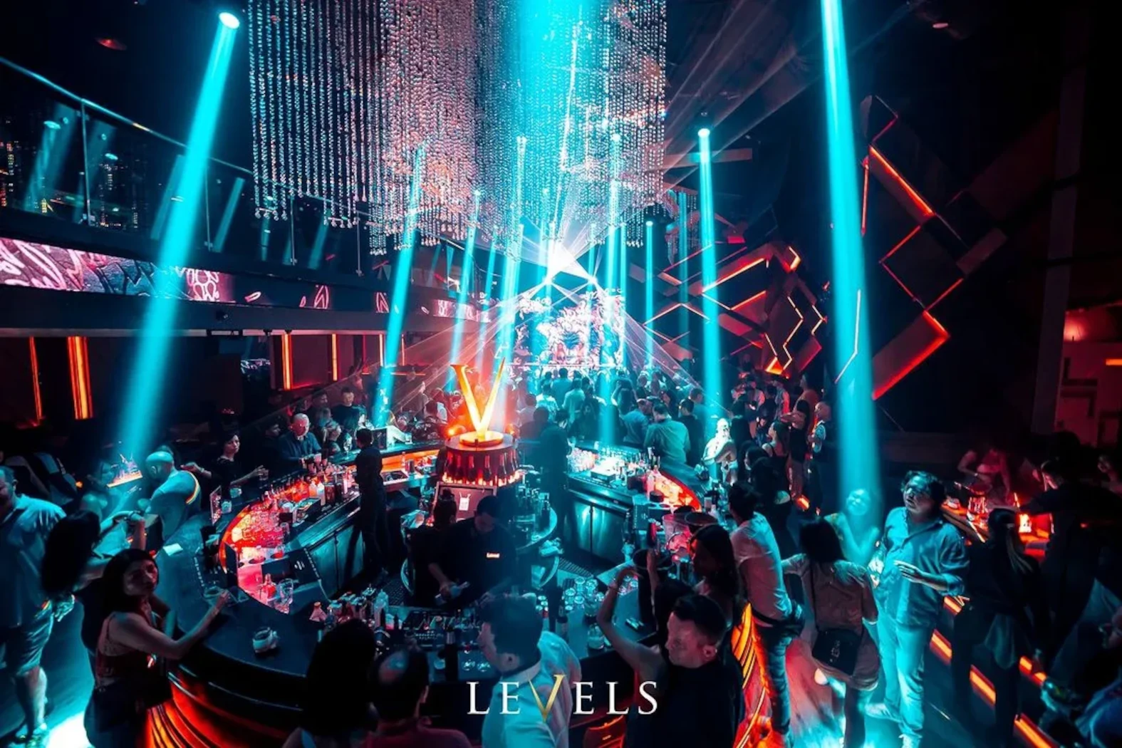 A vibrant party at the Levels Club Bangkok with beautiful mezzanine on the top left of the photo