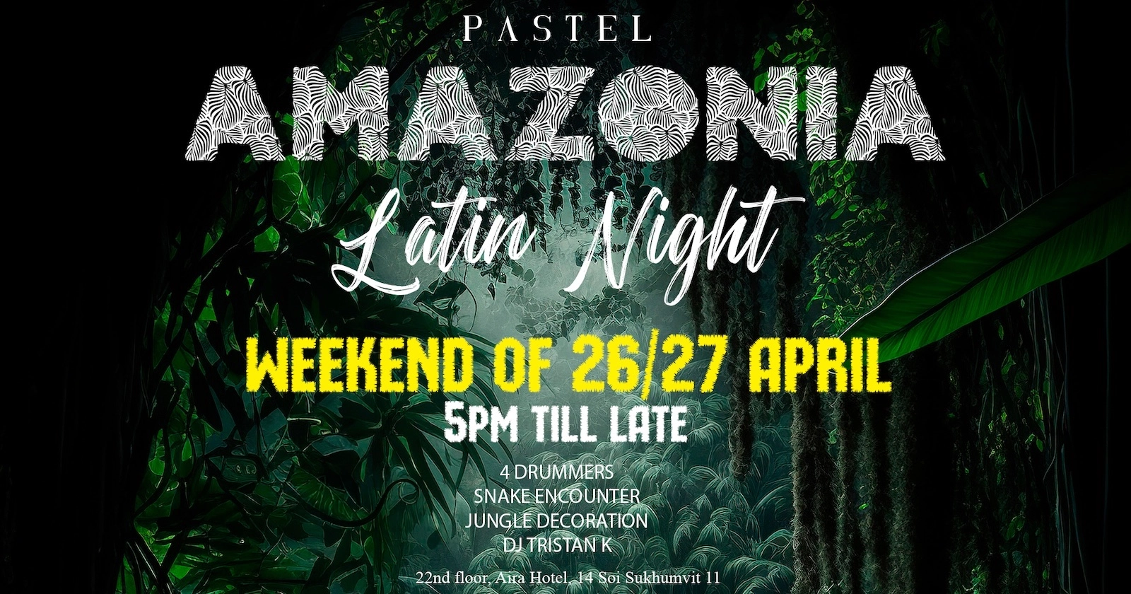 Promo banner for Amazonia party on 26 and 27 April 2024 at Pastel Bangkok rooftop bar in Sukhumvit Soi 11