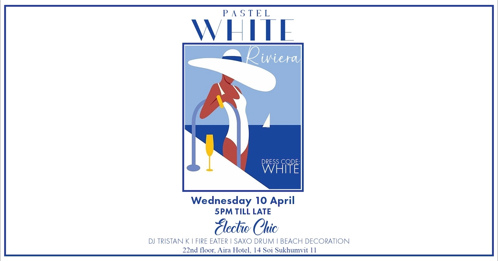 Promo banner for White Riviera party on 10 April 2024 at Pastel Bangkok rooftop bar in Sukhumvit Soi 11